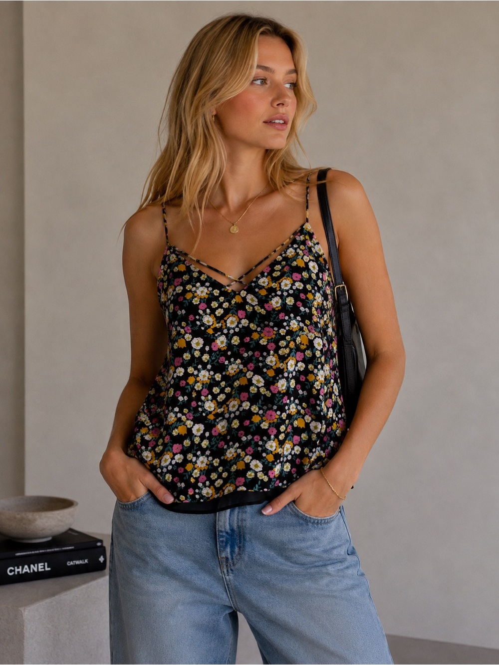 Sienna Sky Floral Sweet Camisole Secret Garden Black Pink Size M